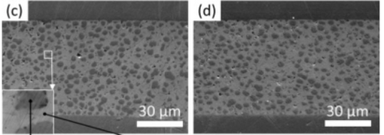 TLPS焊點SEM圖。(c)300℃加熱60s (d)300℃老化200h后